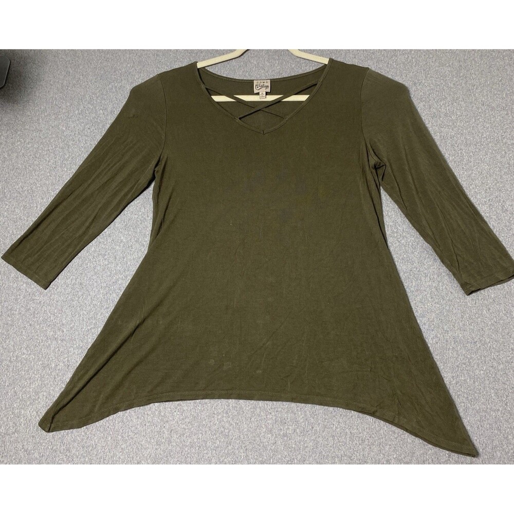 Como Vintage Olive Green Tunic Features A Crisscross Details At The V-neck Sz M